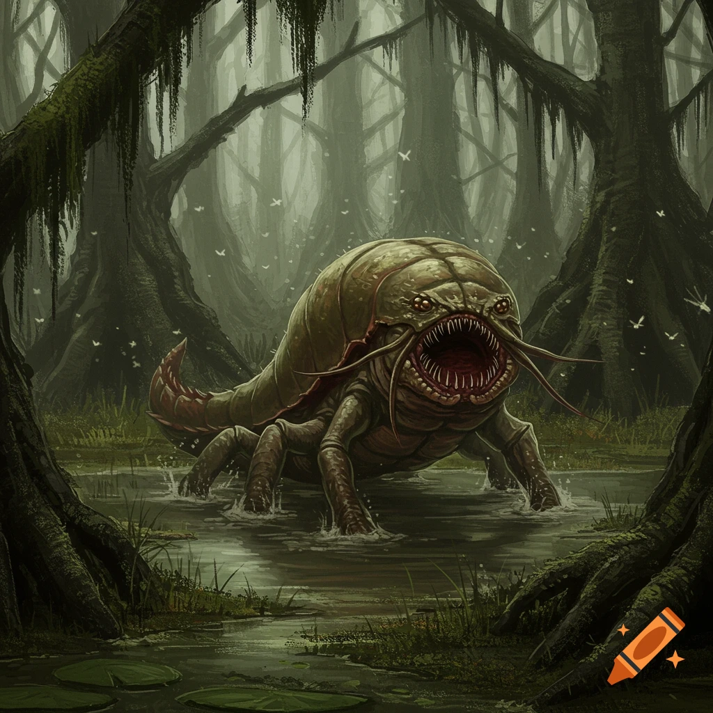 A large, monstrous creature emerges from dark swamp water in a misty forest.