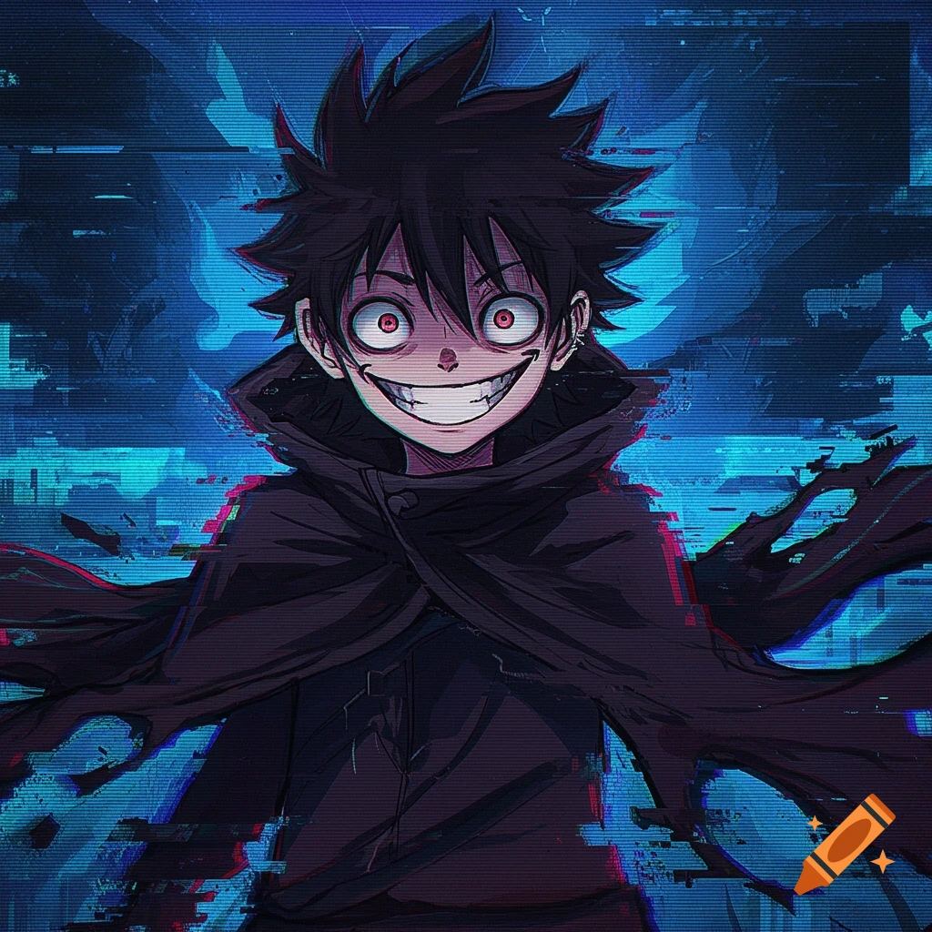 Anime boy with unsettling smile, red eyes, and dark cloak in a glitch cyberpunk style.