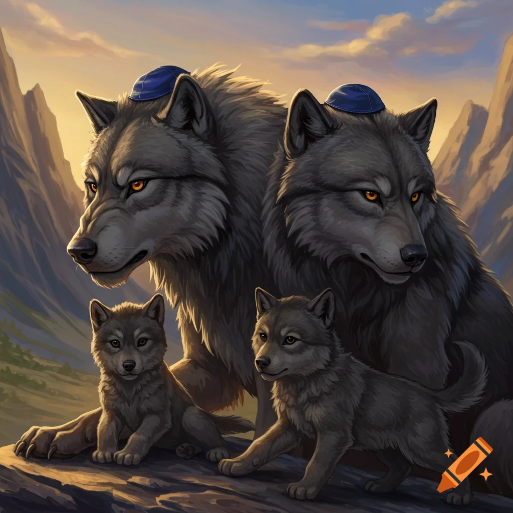 A family of wolves wearing kippahs are sitting on a rock in a mountainous landscape at sunset.