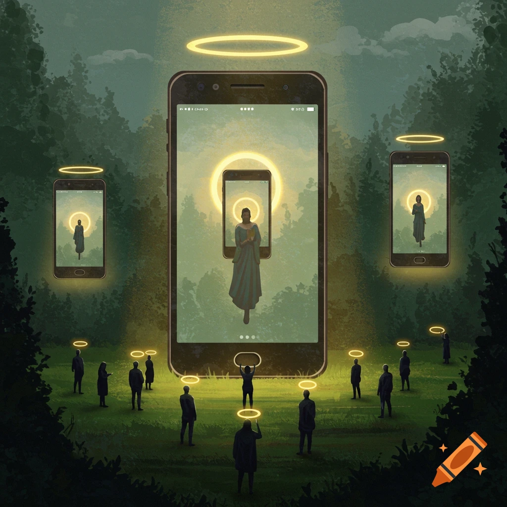 People in a forest worshipping large smartphones with glowing halos.
