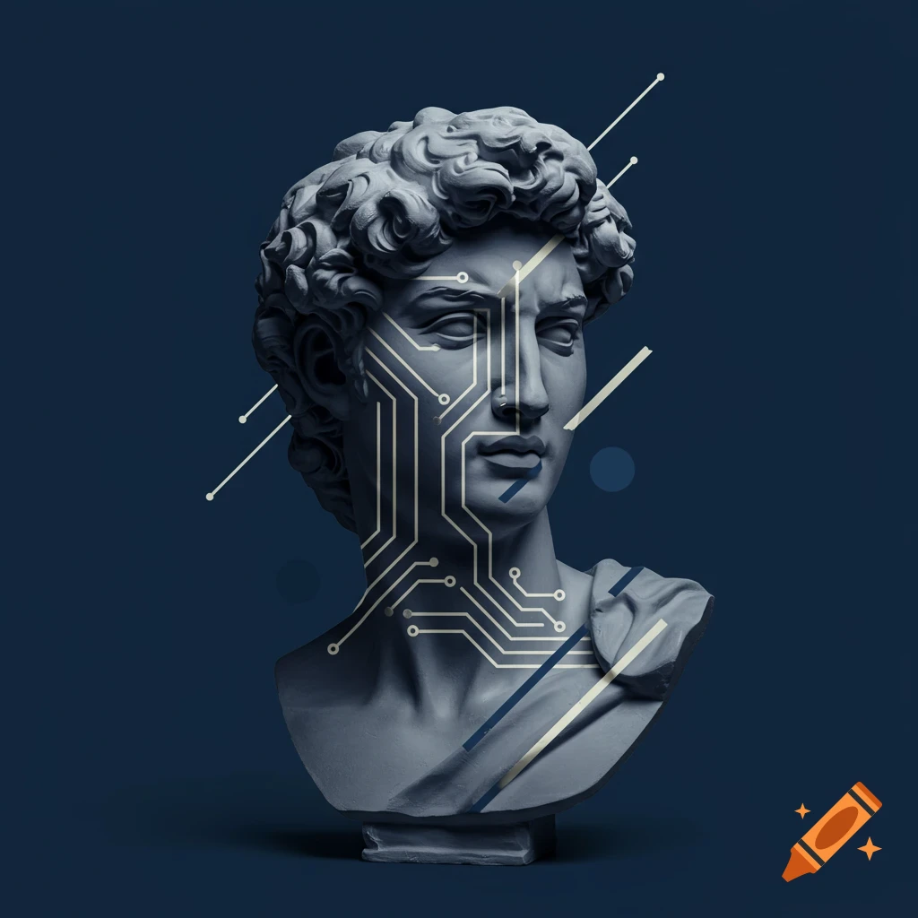Minimalist design of a classical bust overlaid with modern circuit patterns on a blue background.