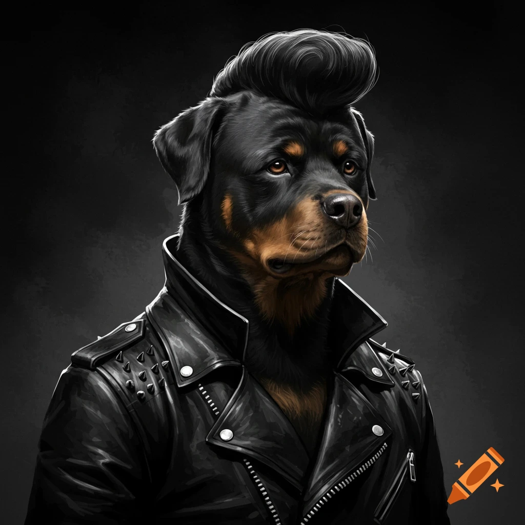 A Rottweiler with a pompadour hairstyle wearing a leather jacket.