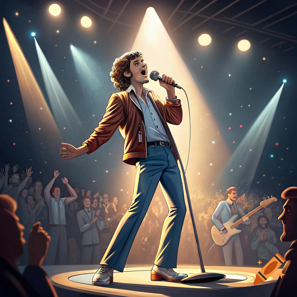 Stylized illustration of a singer performing on stage under bright lights in front of an audience.