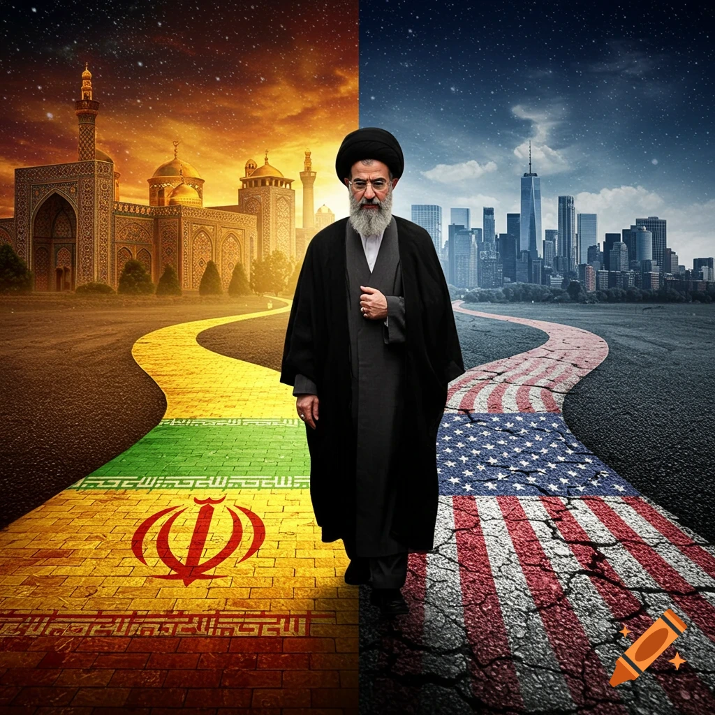 A religious figure stands between two paths. One path, marked by the Iranian flag, leads to a mosque. The other, marked by the US flag, leads to a city.