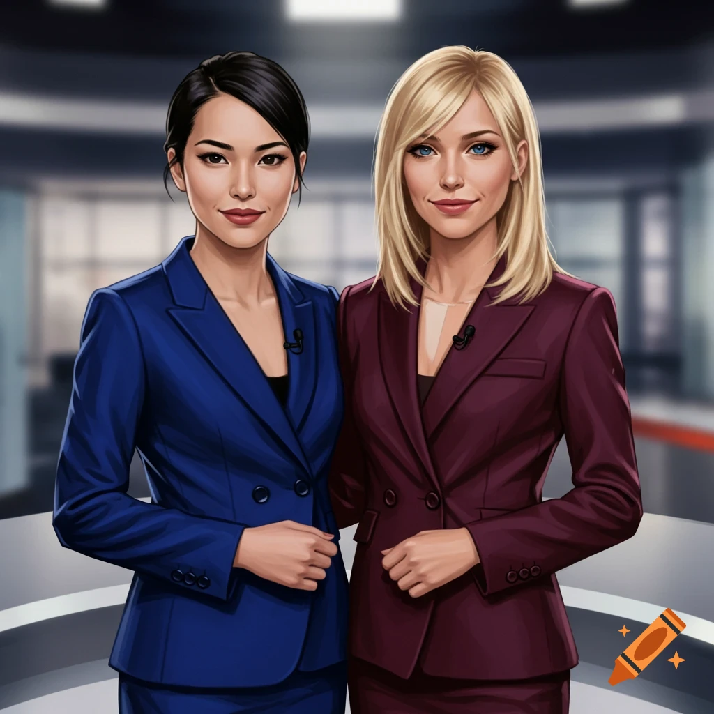 Two women in business suits are standing in a news studio.