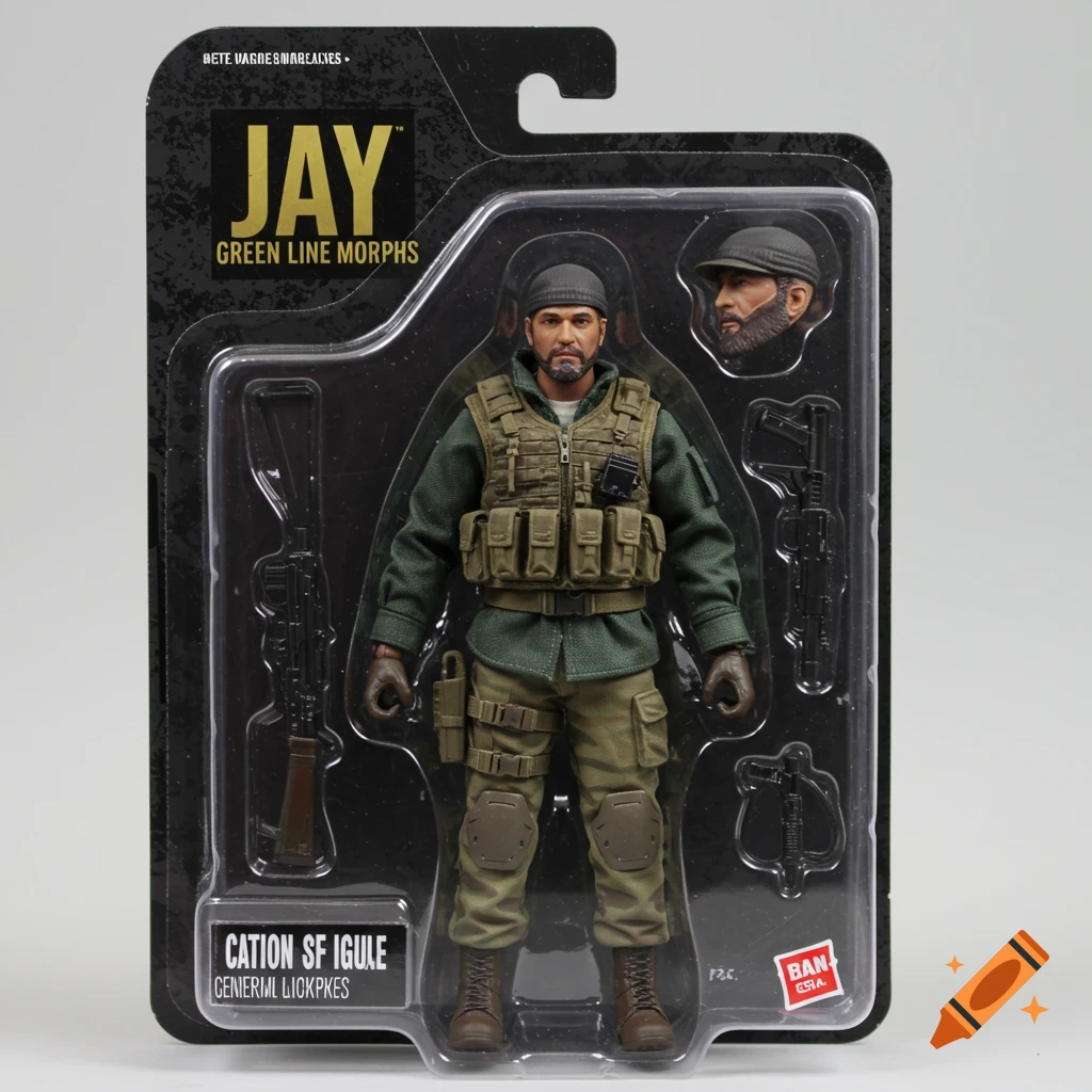 An action figure of a soldier named Jay in blister packaging with accessories.