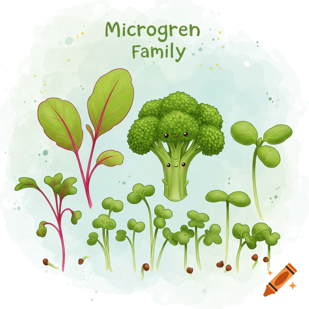 Cute illustration of microgreens and a broccoli character with text 'Microgren Family' in a watercolor style.