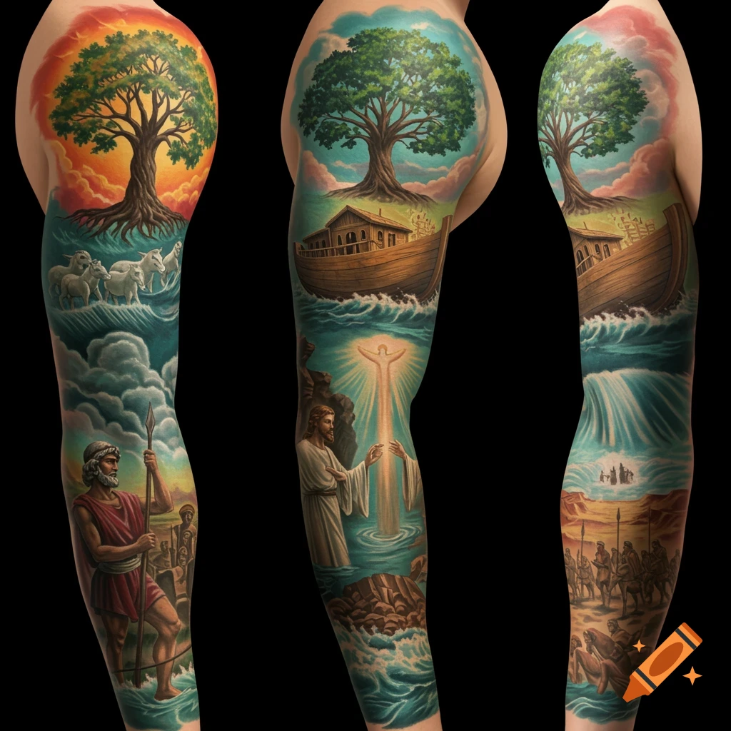 A tattoo sleeve depicting various biblical scenes, including Noah's Ark, Jesus' baptism, and Moses.