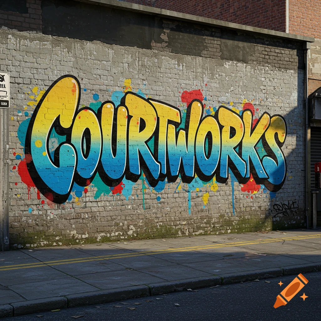 Vibrant COURTWORKS graffiti on a brick wall.