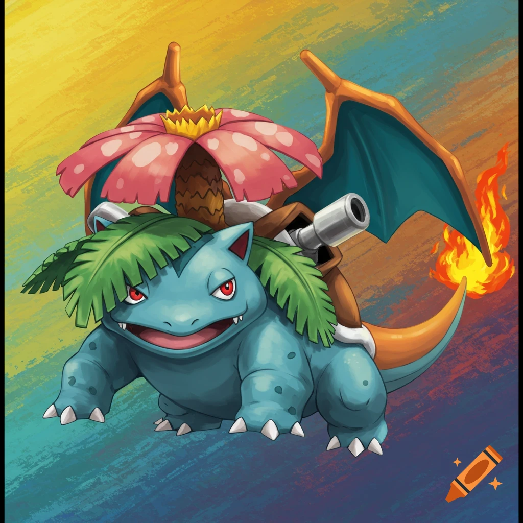 Image of a fused Pokemon creature resembling Venusaur with Charizard wings and tail fire, and a cannon on its back.