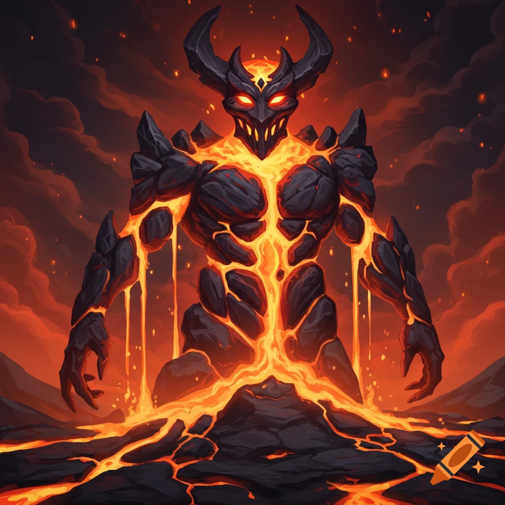 A large creature made of dark rock and glowing lava stands on volcanic ground under stormy red skies.