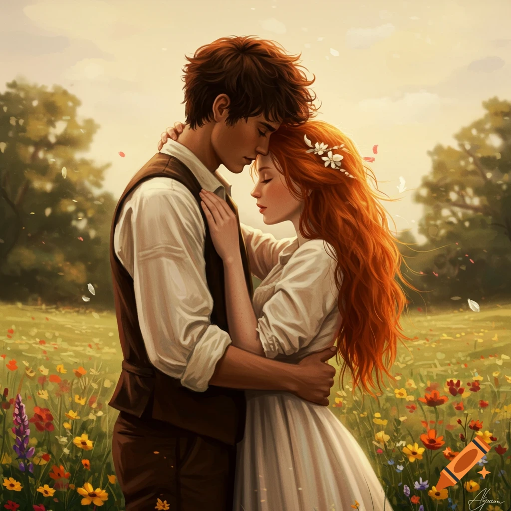 A man and woman embrace in a sunny field of flowers.