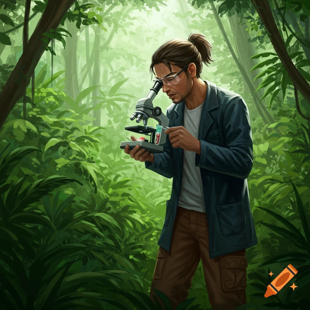 A man in a jungle looking through a microscope.