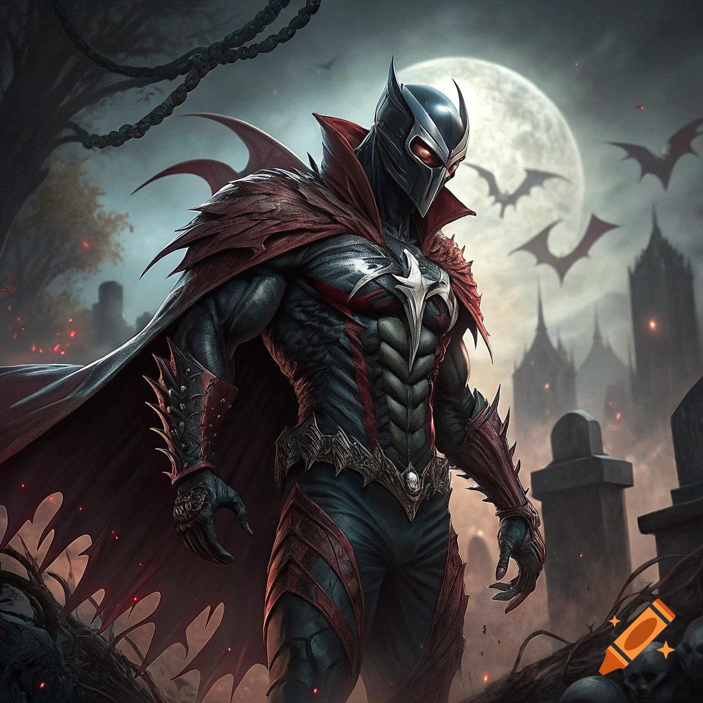 A dark comic book style character resembling Spawn with mask and cape stands in a graveyard at night with a full moon and bats.