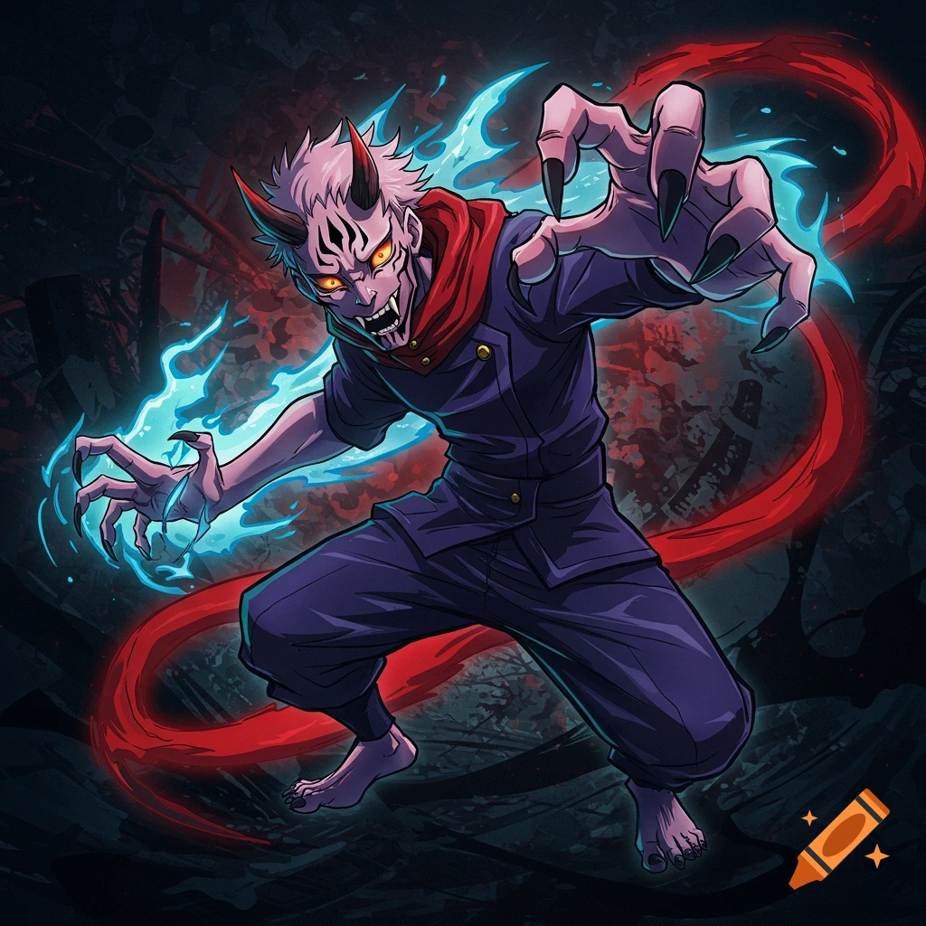 Stylized anime illustration of a demonic character with horns, reaching forward with clawed hands and energy.