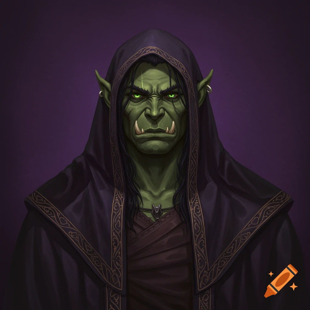 A portrait of a half-orc wearing a black hooded robe with gold trim.