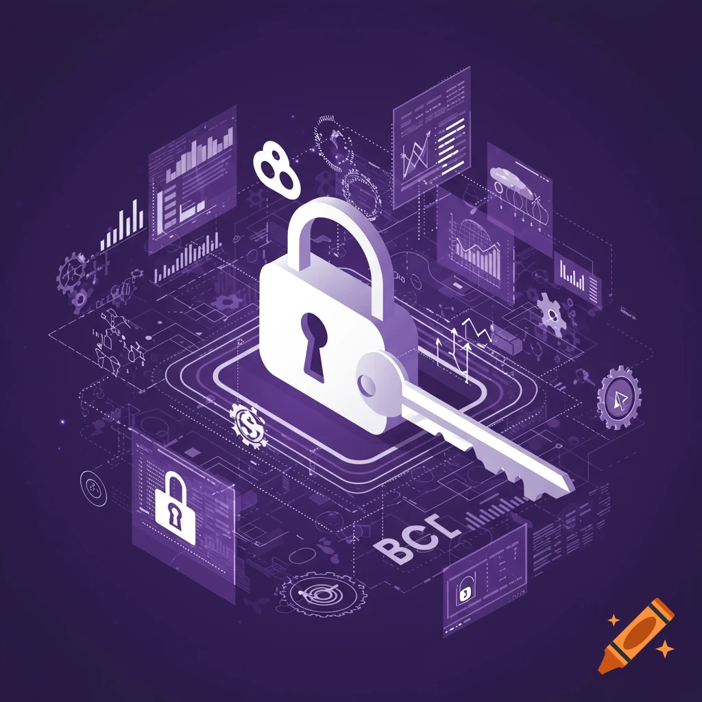 An isometric illustration of a white lock and key surrounded by purple data charts and technical elements.