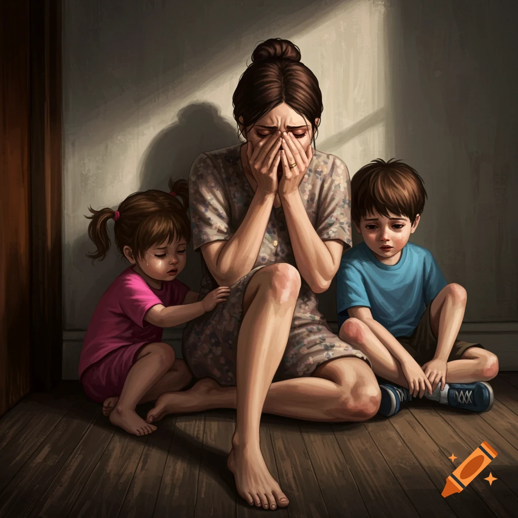A distraught mother is sobbing with her two children sitting beside her.