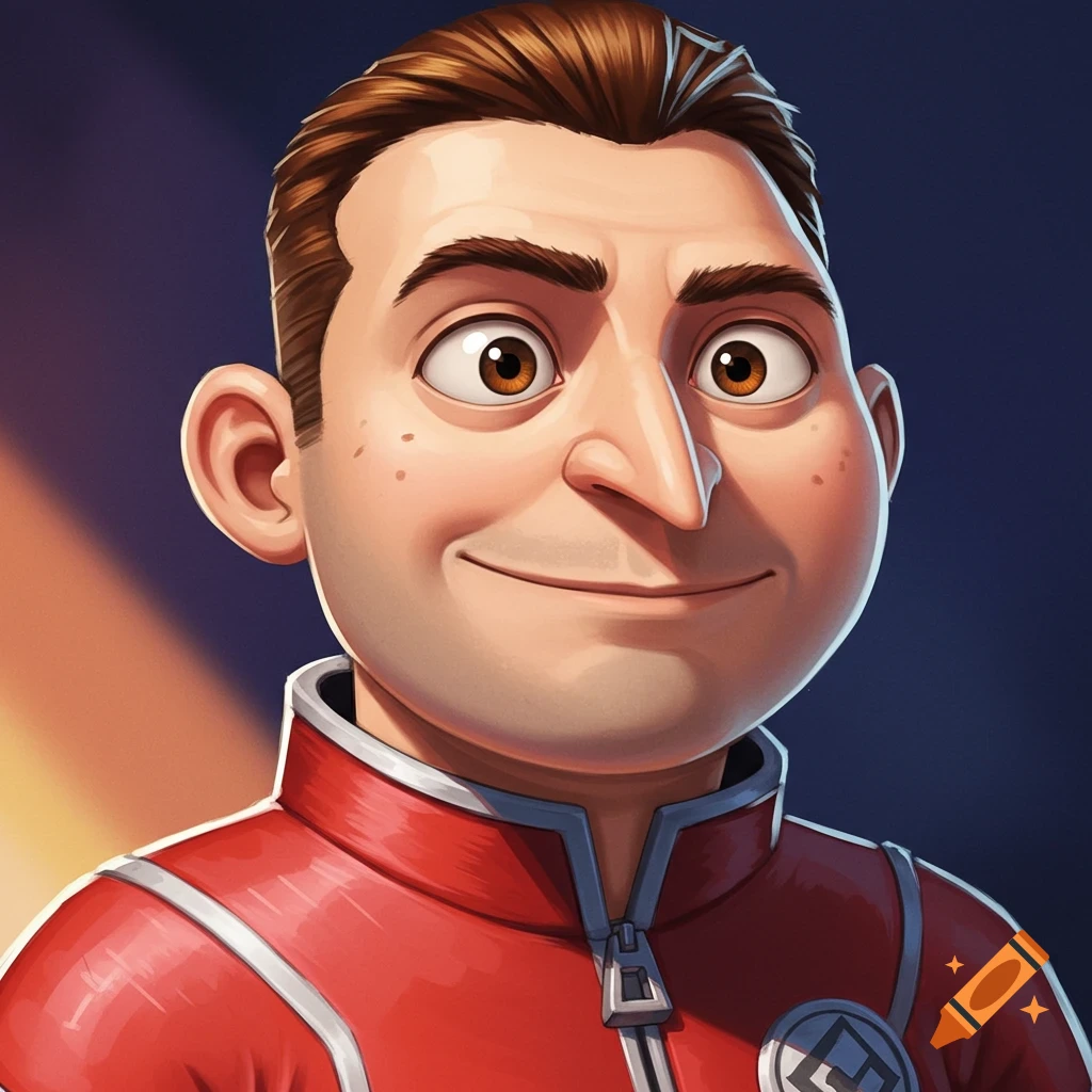 A man with brown hair and eyes wearing a red jacket with a zipper and a symbol on the chest.