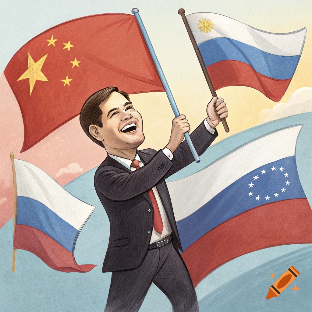 Illustration of a smiling man waving flags of China, Russia, and Venezuela.