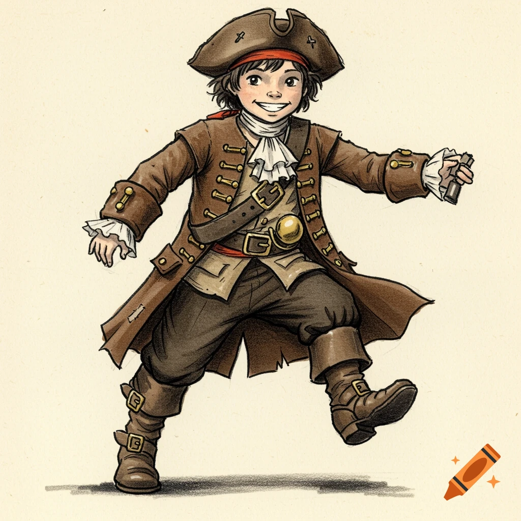 A drawing of a young boy in a pirate costume, mid-stride.