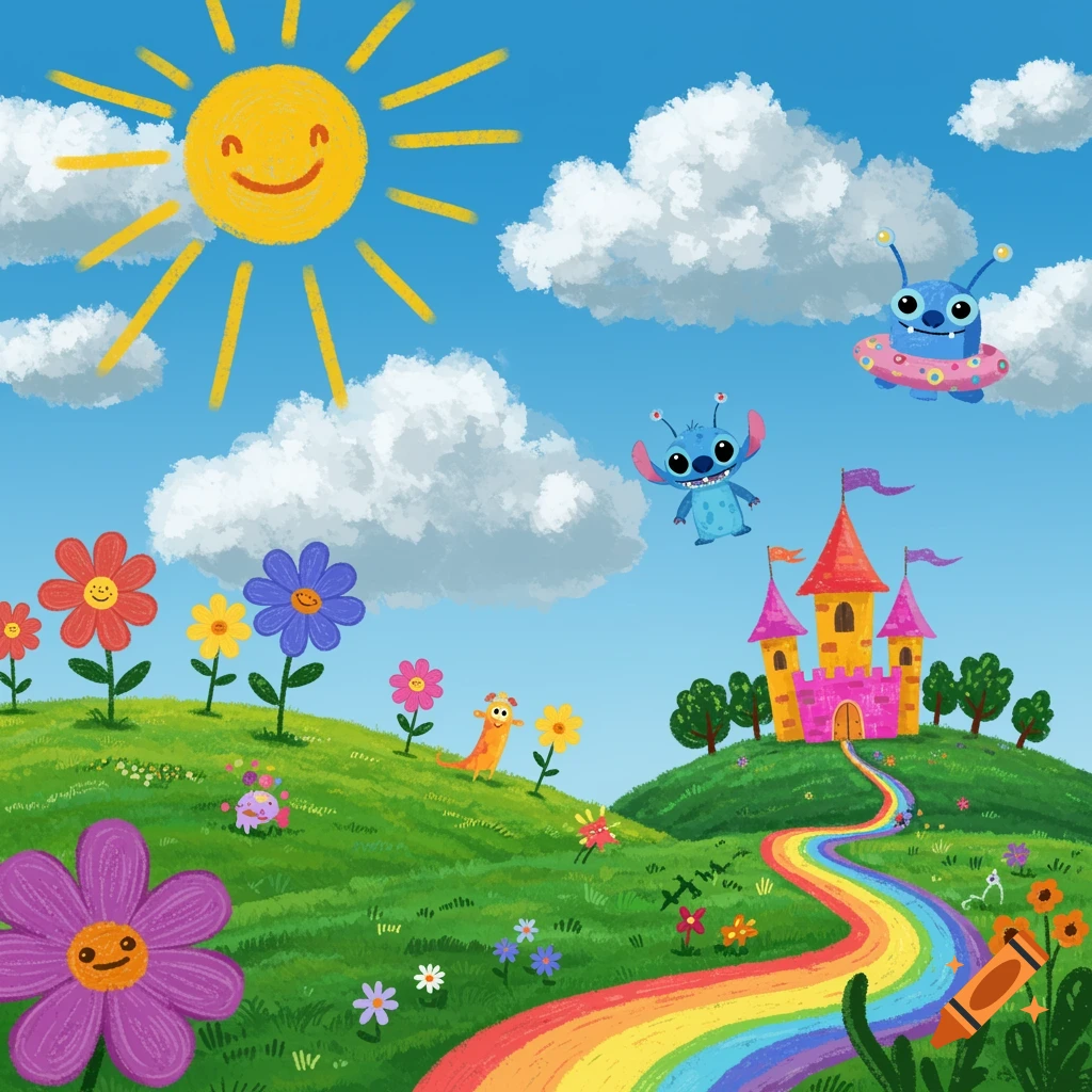Child's drawing of a colorful fantasy landscape with a castle, flowers, and floating cartoon aliens.