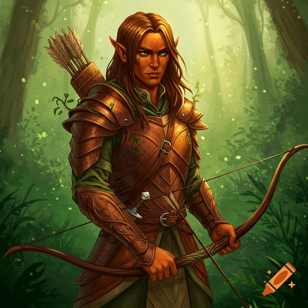 A male wood elf ranger with a bow and quiver stands in a forest.