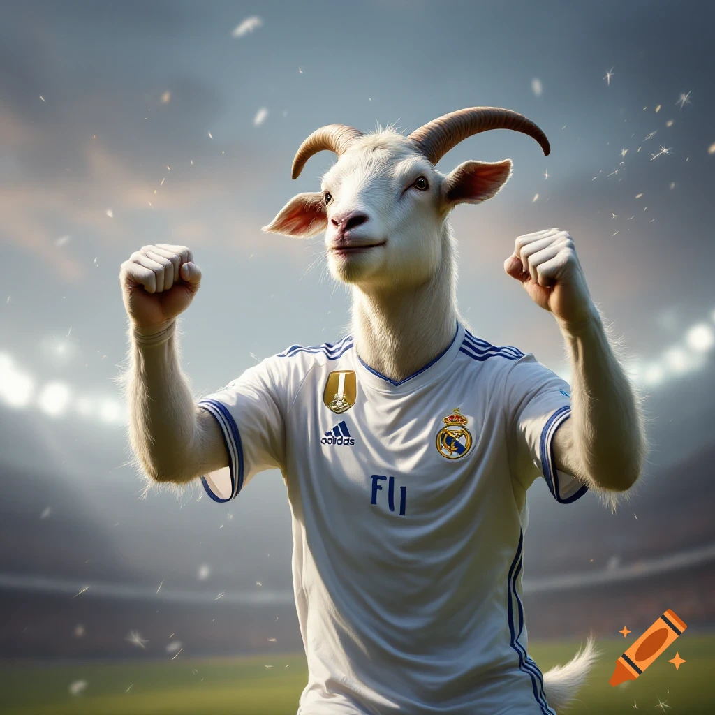 A goat wearing a white soccer jersey celebrates in a stadium.