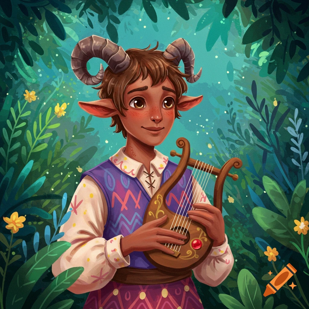 A young satyr plays a lyre in a forest setting.