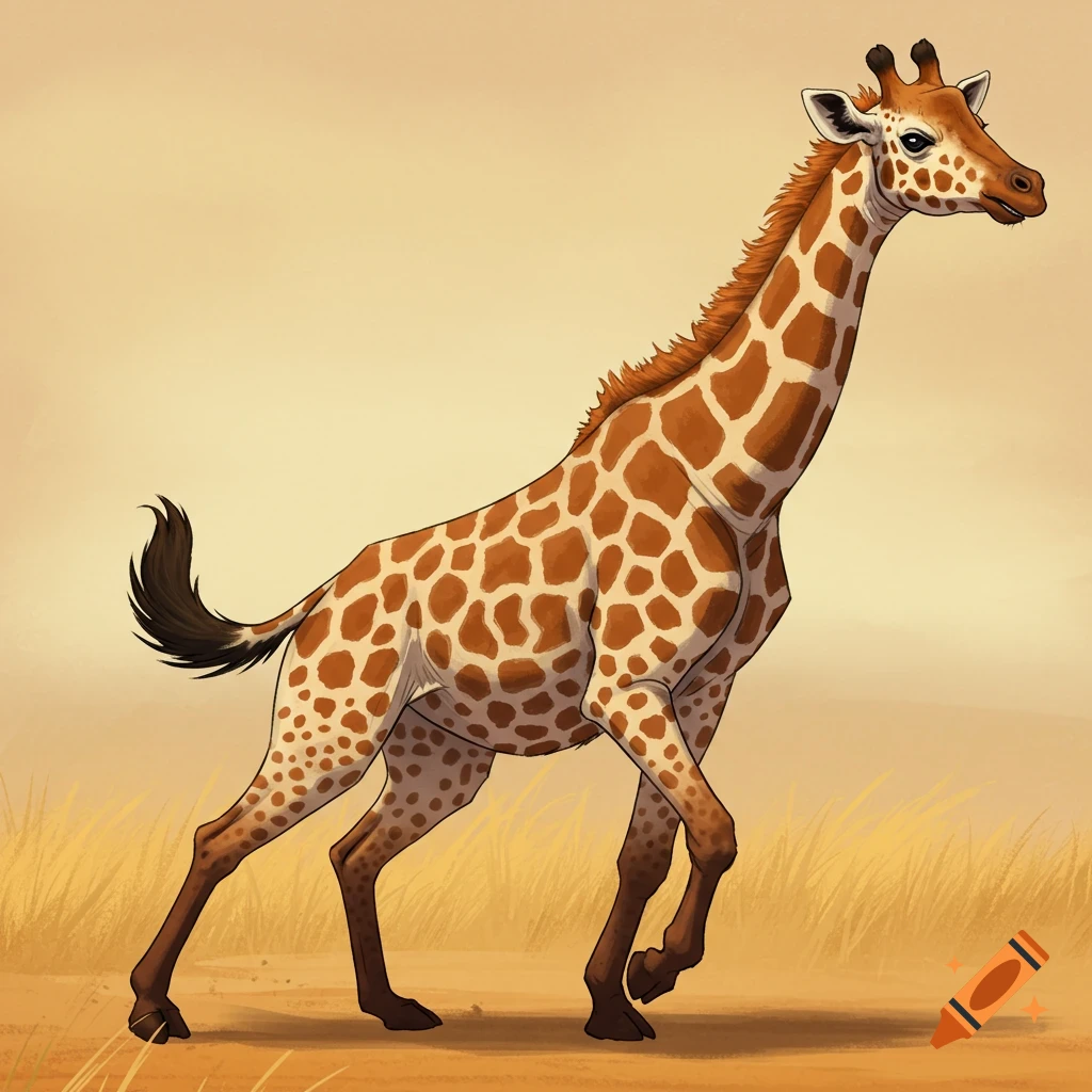 Stylized image of a giraffe walking across a dirt ground with grass.
