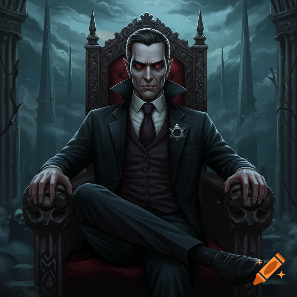 A vampire man in a suit sits on a gothic throne with a Star of David pin.