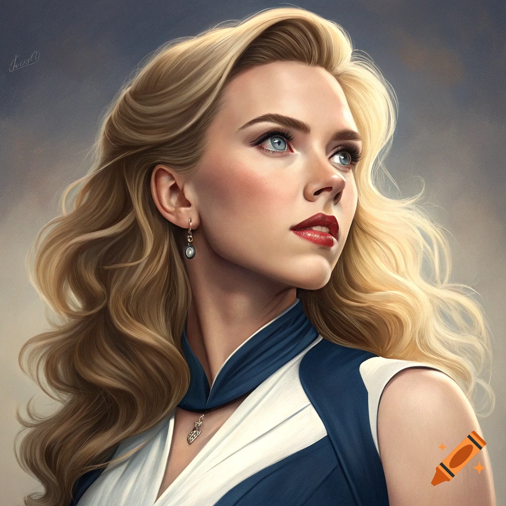 Illustrative portrait of a blonde woman looking up