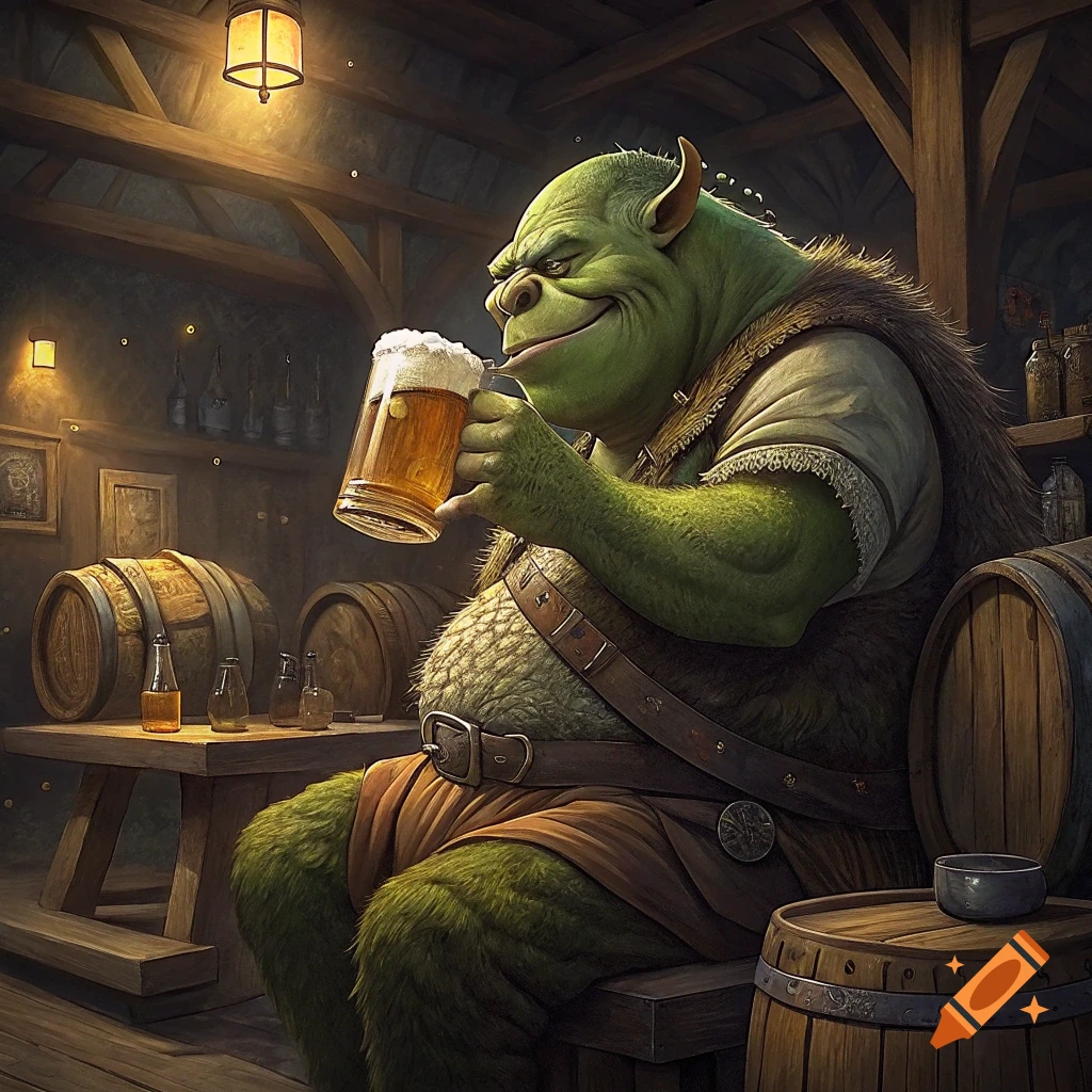 Shrek drinks a large mug of beer in a dimly lit tavern