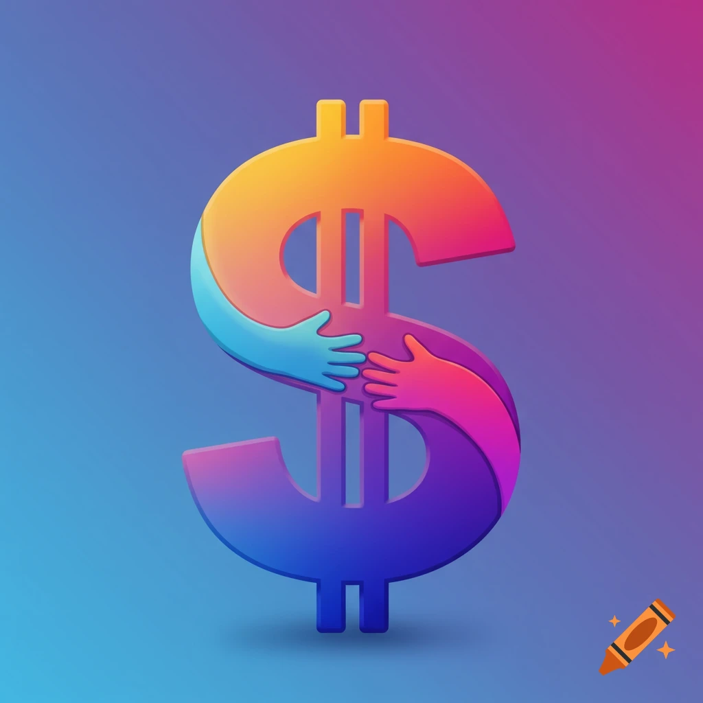 A stylized dollar sign formed by two gradient-colored arms hugging its vertical bars on a gradient background.