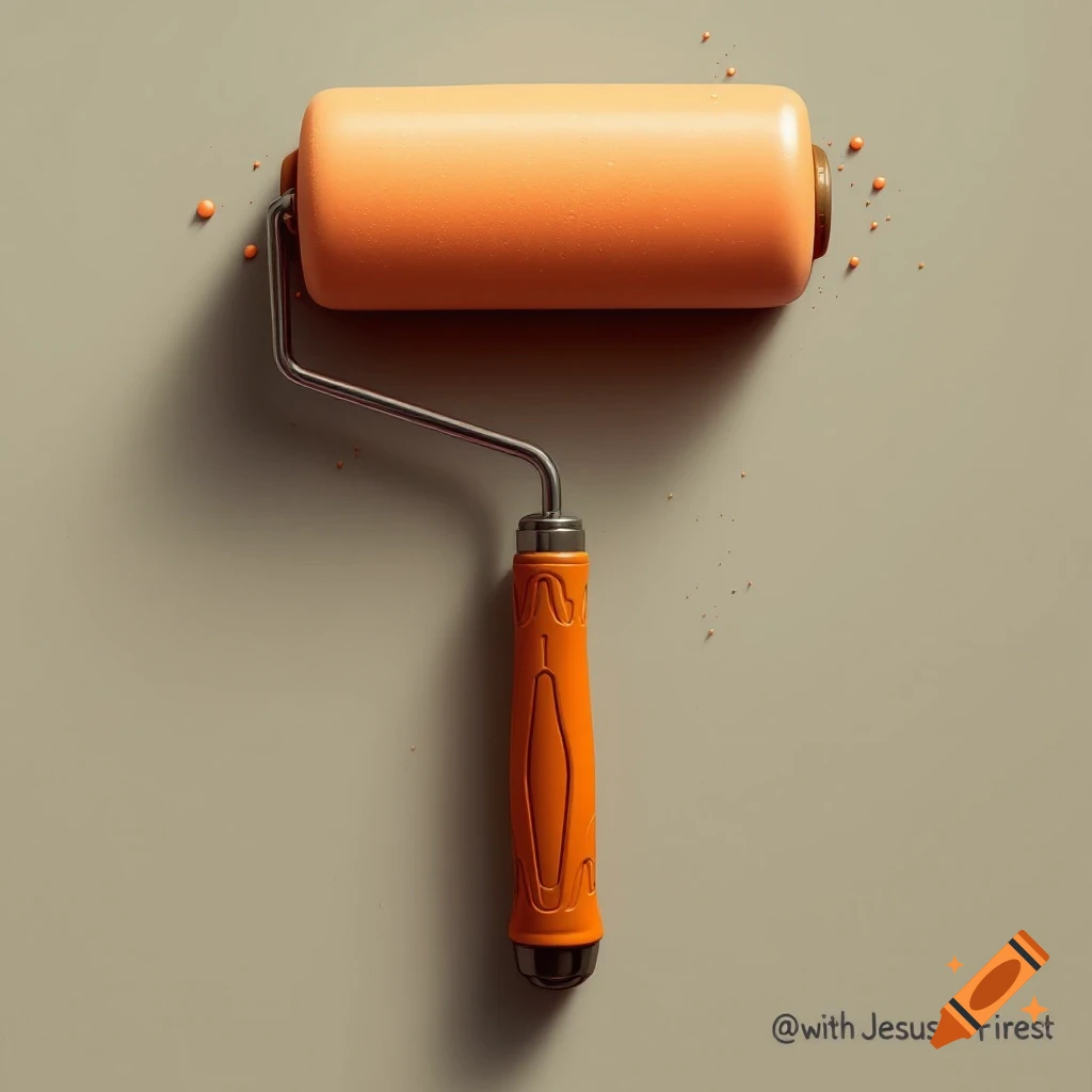 Close-up of an orange paint roller with paint splatters on a plain background.