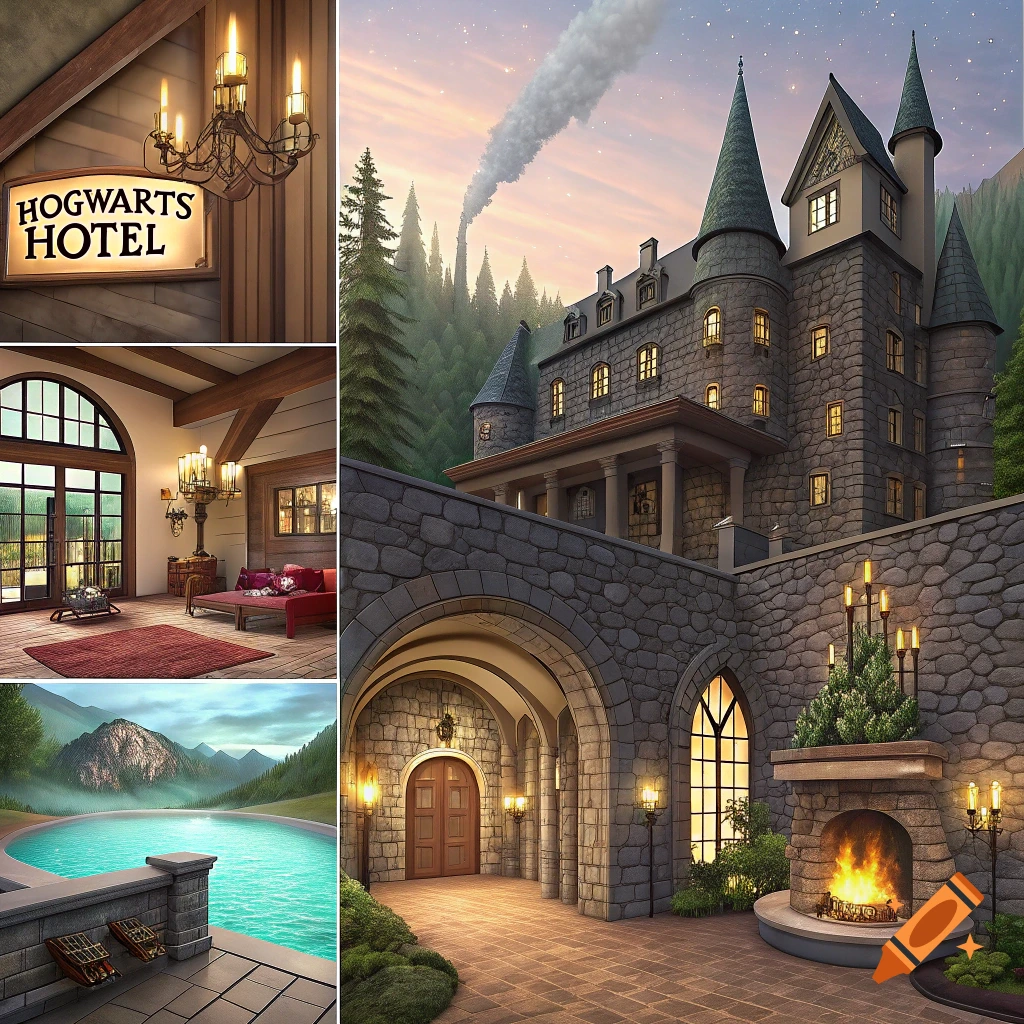 Collage of a castle hotel exterior, lobby, pool, and entrance, styled after Hogwarts.