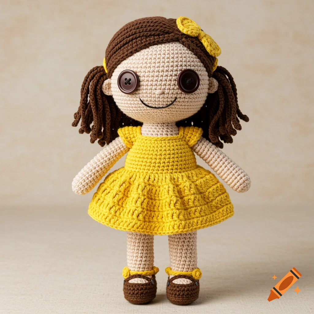 A crocheted doll in a yellow dress with button eyes and brown pigtails