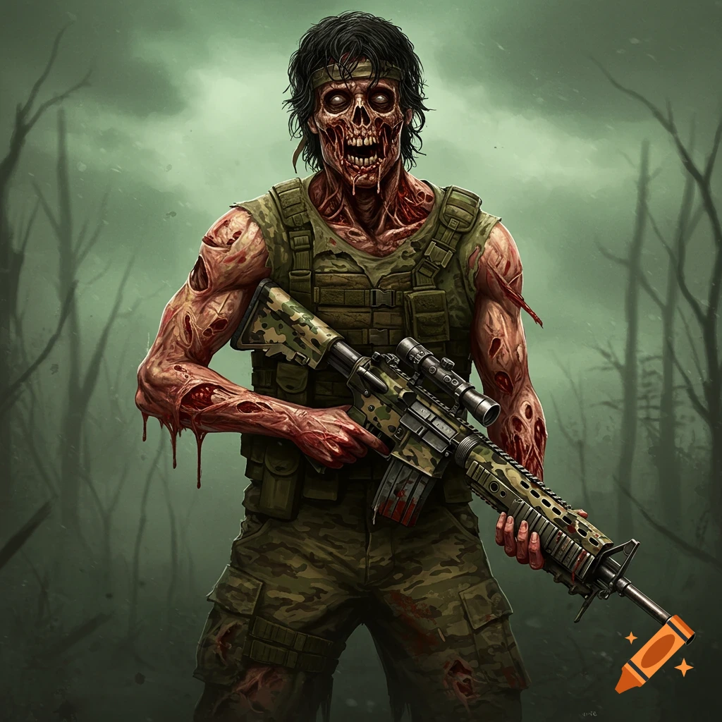 Zombie soldier holding a rifle in a foggy landscape.
