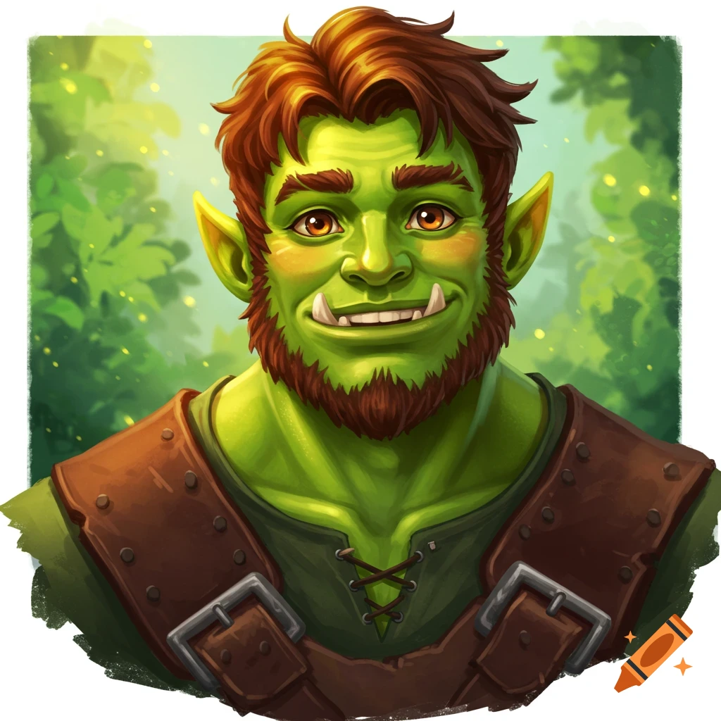 A young green-skinned fantasy character with tusks and beard wearing leather armor.