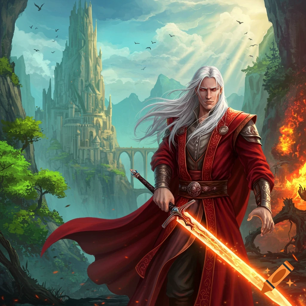 A white-haired man stands in front of a fantasy castle, holding a glowing sword.