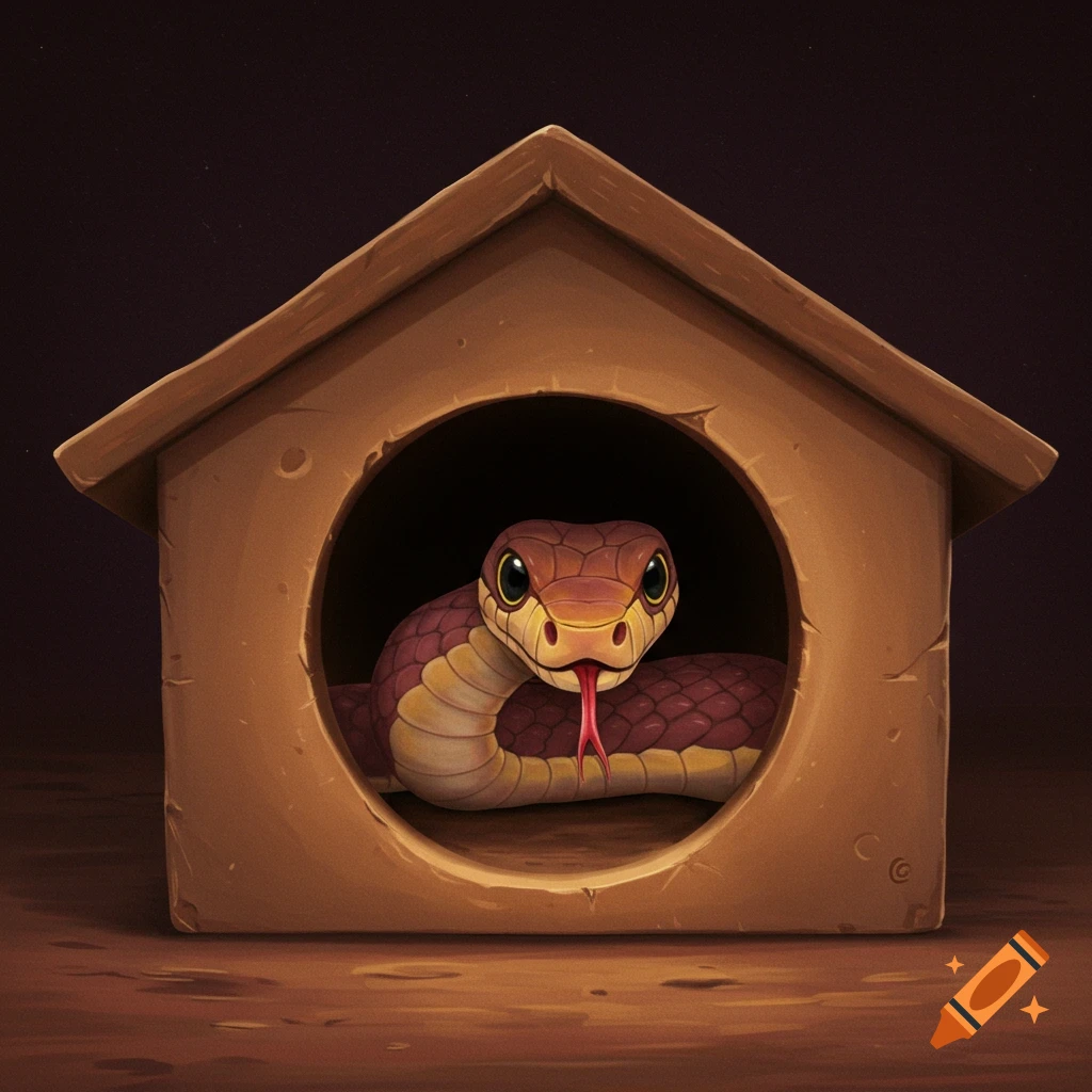 A cute cartoon baby snake looks out from inside a small wooden house.