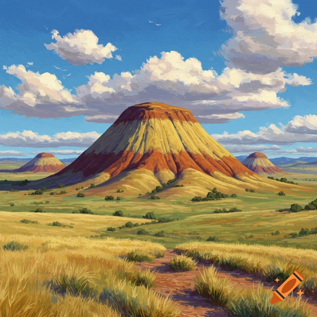 Striped hills in a grassy field under a cloudy blue sky.