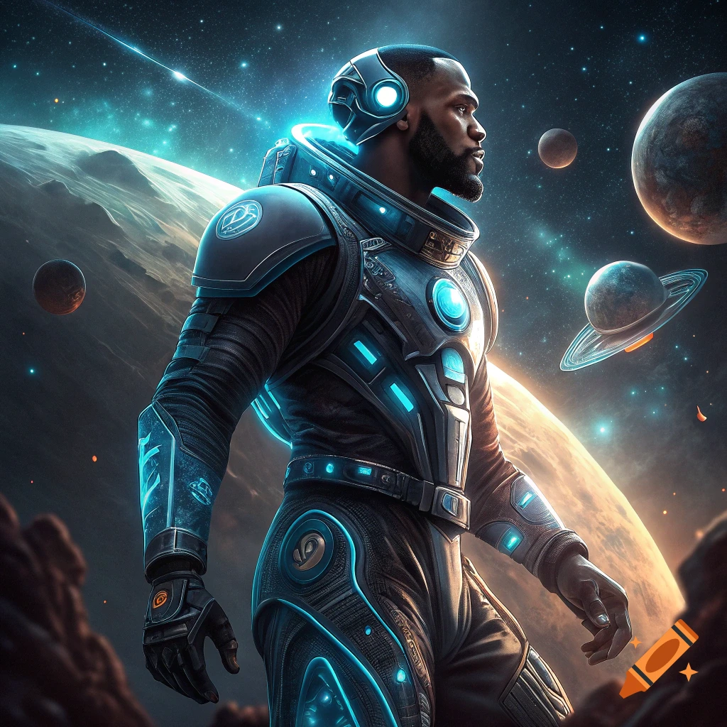 Man in futuristic space suit on rocky planet surface looking at planets and stars.