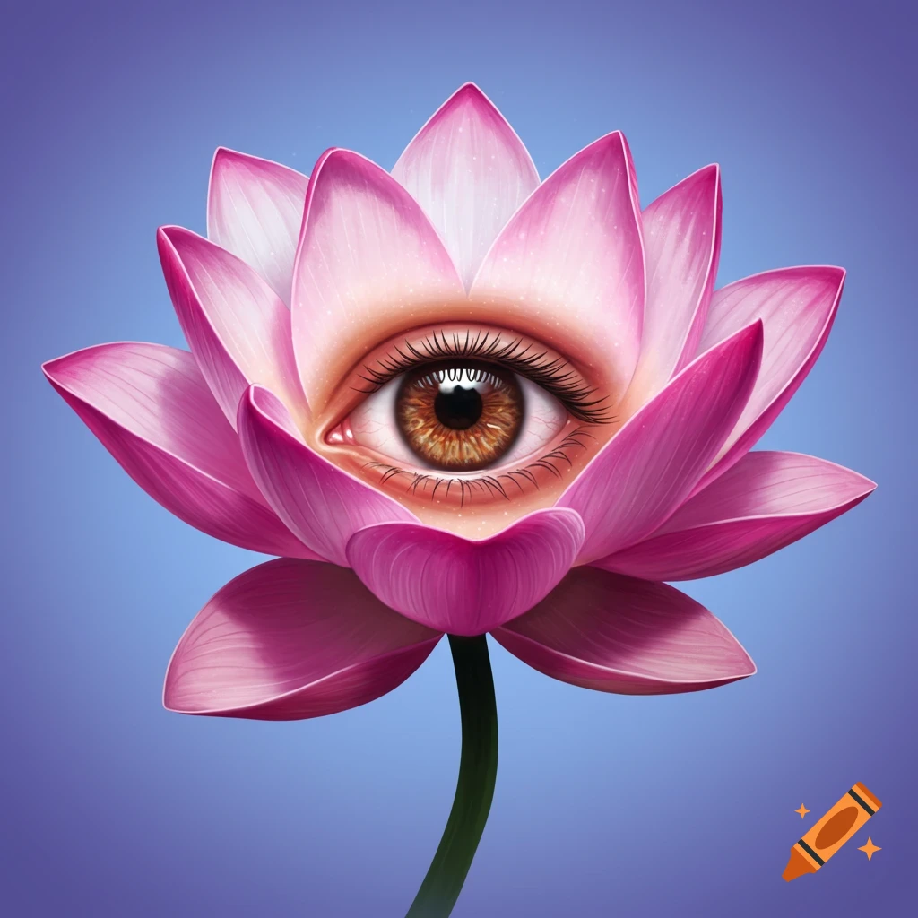 A realistic human eye in the center of a pink lotus flower against a purple background.