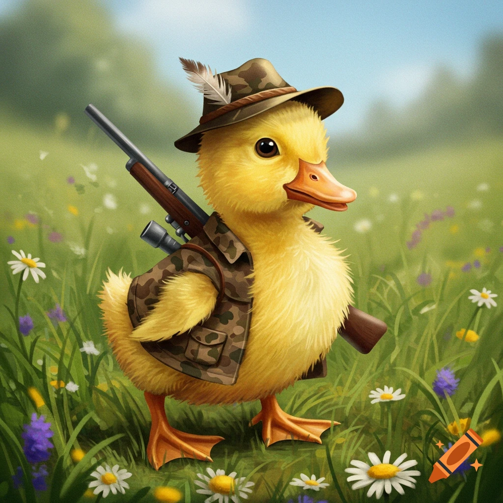 A cute baby duck dressed as a hunter, wearing a camouflage vest and hat, holding a rifle, standing in a field of wildflowers.