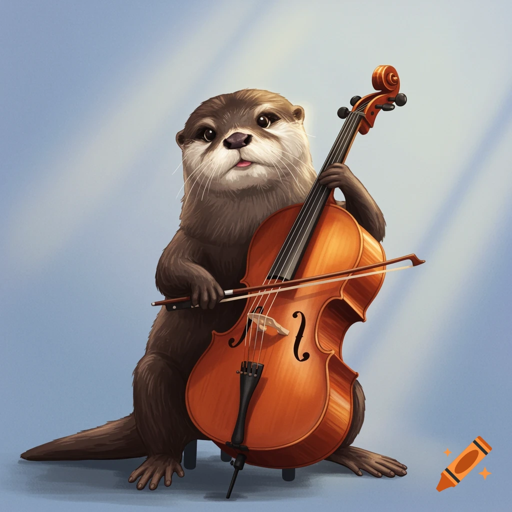 A playful otter sitting and playing a cello.