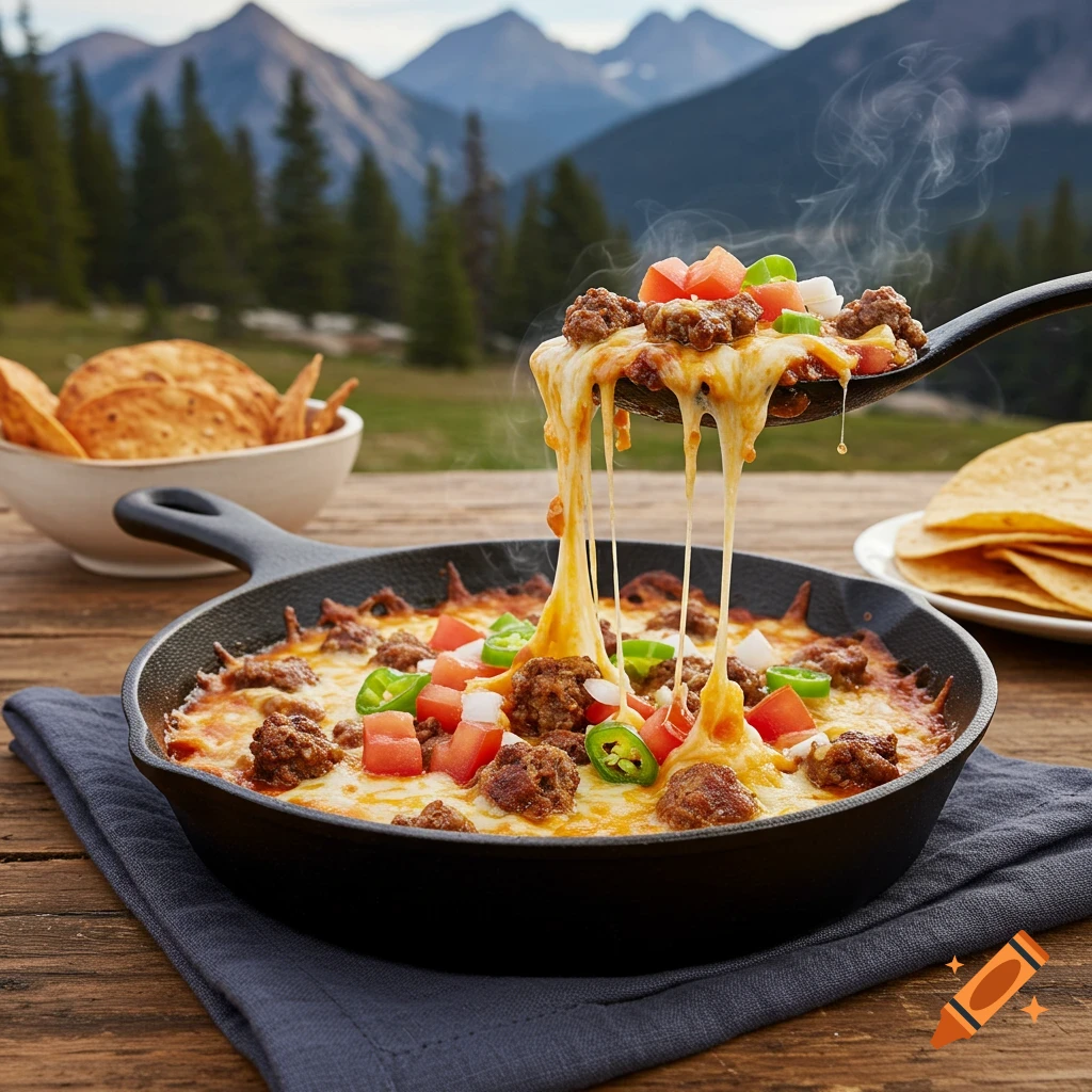 Close-up photorealistic image of queso fundido in a skillet on a wooden table outdoors with mountains.
