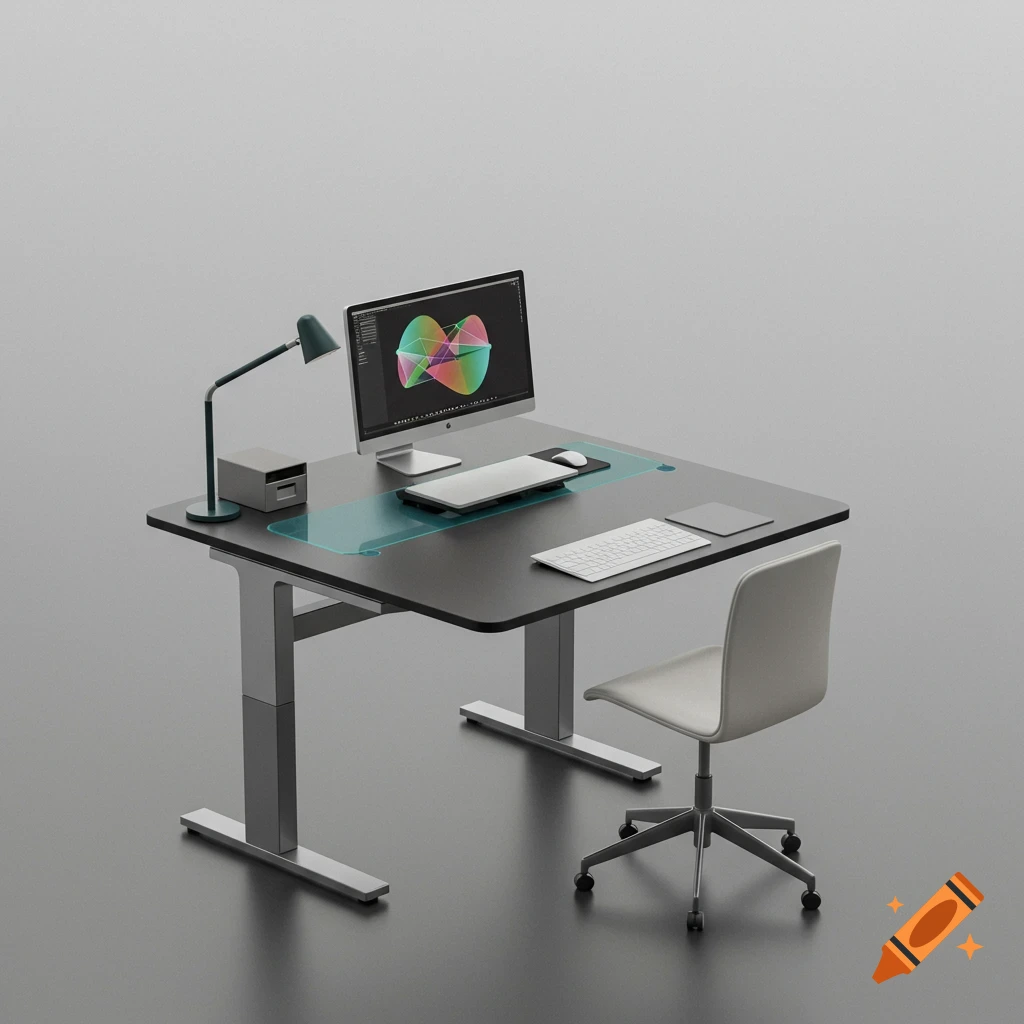 Modern standing desk setup with computer displaying abstract art, keyboard, mouse, lamp, and chair against a grey background.