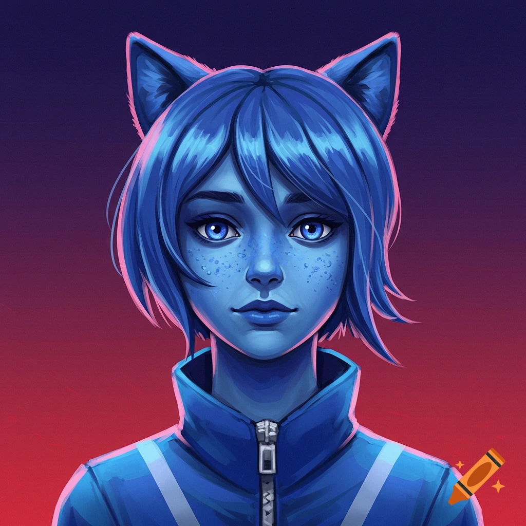 A blue-skinned person with cat ears and a blue jacket.