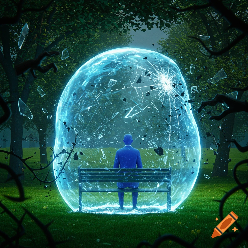 A person sits on a park bench inside a glowing, breaking bubble shield.